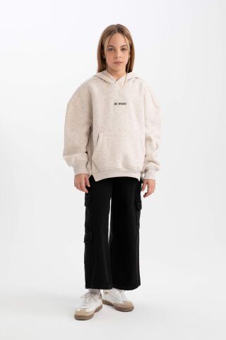 Kız Çocuk Oversize Geniş Kalıp Kapüşonlu  Baskılı İçi Yumuşak Tüylü Kalın Sweatshirt