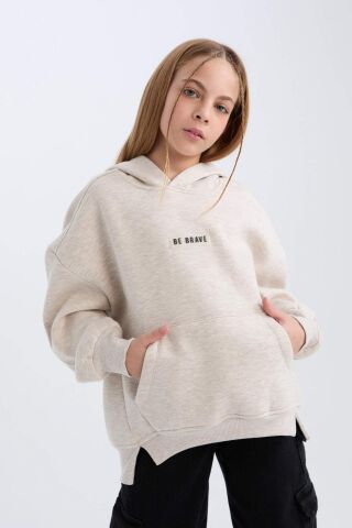 Kız Çocuk Oversize Geniş Kalıp Kapüşonlu  Baskılı İçi Yumuşak Tüylü Kalın Sweatshirt