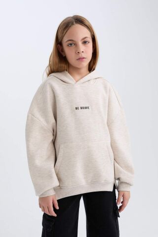 Kız Çocuk Oversize Geniş Kalıp Kapüşonlu  Baskılı İçi Yumuşak Tüylü Kalın Sweatshirt