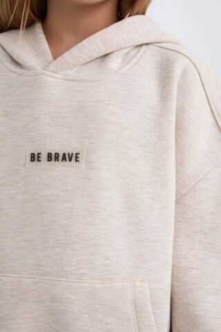 Kız Çocuk Oversize Geniş Kalıp Kapüşonlu  Baskılı İçi Yumuşak Tüylü Kalın Sweatshirt