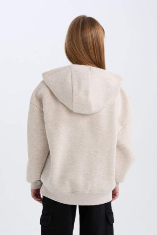 Kız Çocuk Oversize Geniş Kalıp Kapüşonlu  Baskılı İçi Yumuşak Tüylü Kalın Sweatshirt
