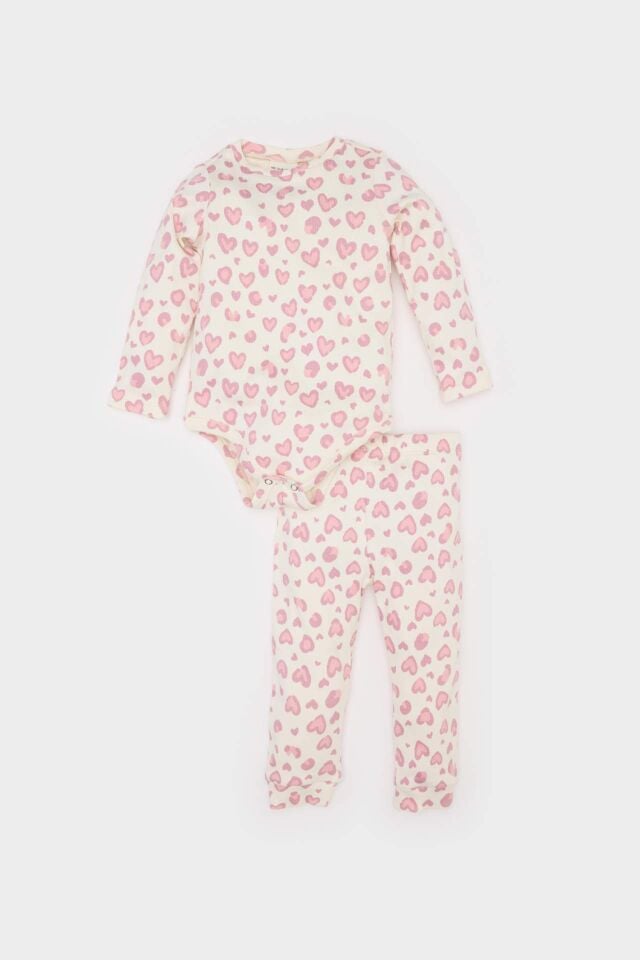 Kız Bebek  2'li Takım Leopar Desenli Fitilli Kaşkorse Uzun Kollu Çıtçıtlı Body Uzun Alt