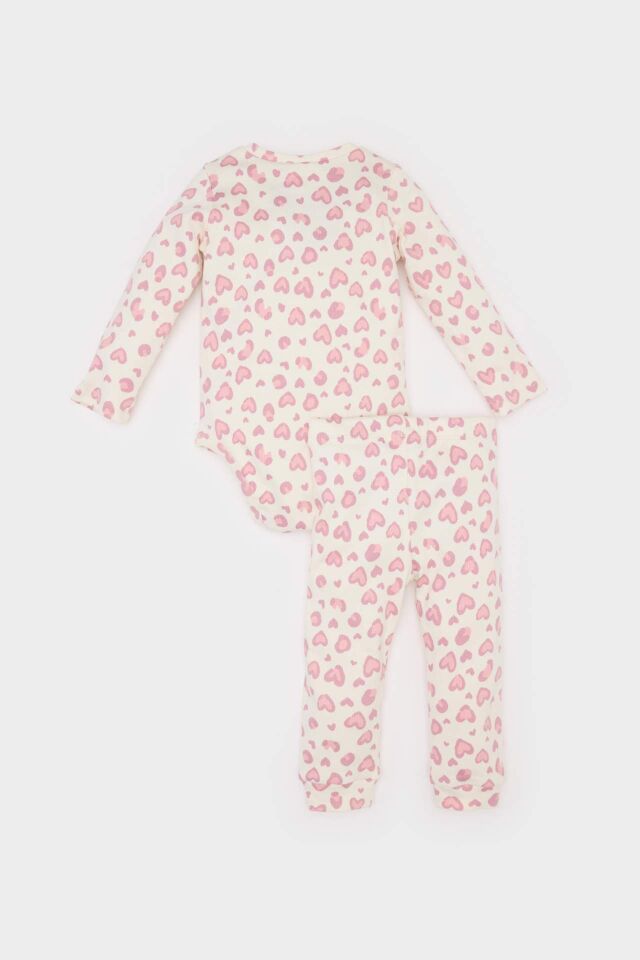 Kız Bebek  2'li Takım Leopar Desenli Fitilli Kaşkorse Uzun Kollu Çıtçıtlı Body Uzun Alt