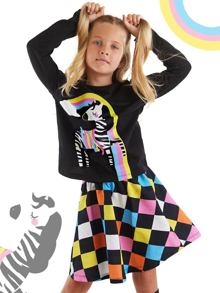Gökkuşağı Zebra Kız Çocuk Etek Takım