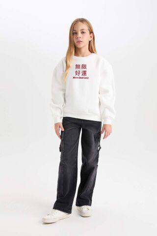 Kız Çocuk Relax Fit Bisiklet Yaka Baskılı Sweatshirt