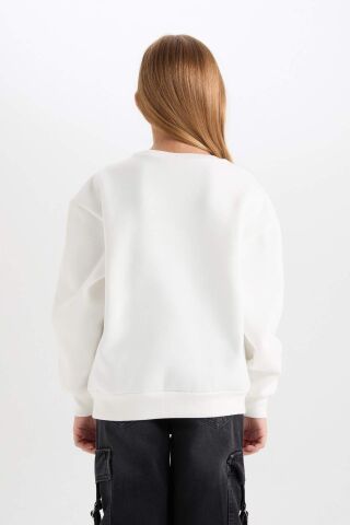 Kız Çocuk Relax Fit Bisiklet Yaka Baskılı Sweatshirt