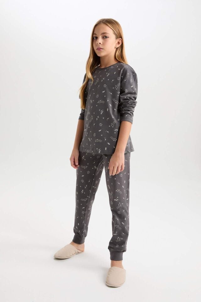 Kız Çocuk Pijama Takımı Desenli Uzun Kollu Üst Beli Lastikli Uzun Alt