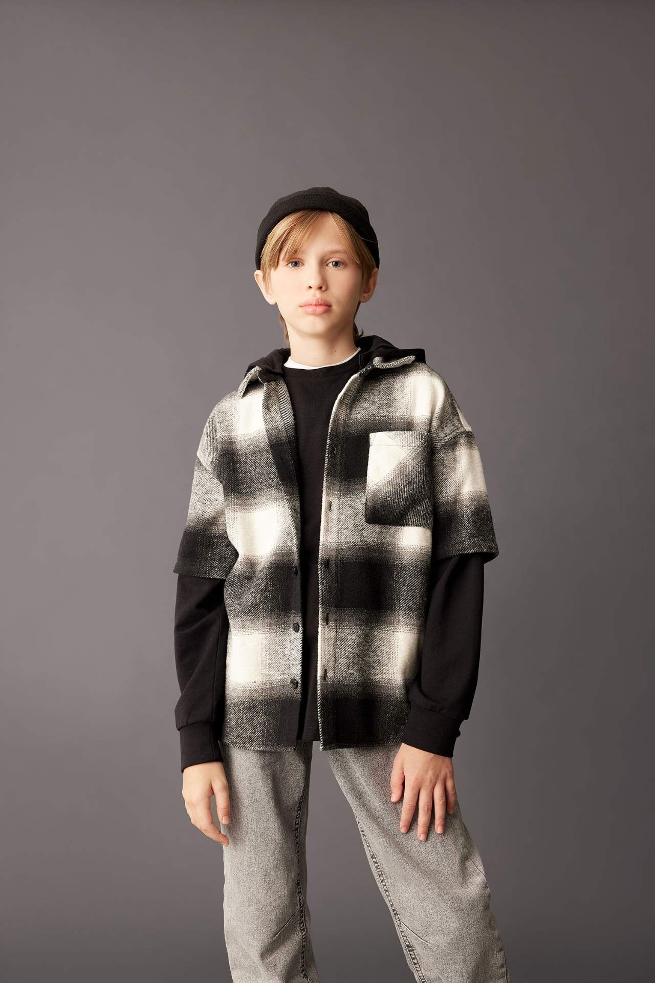 Erkek Çocuk Oversize Geniş Kalıp Kapüşonlu Flanel Uzun Kollu Gömlek
