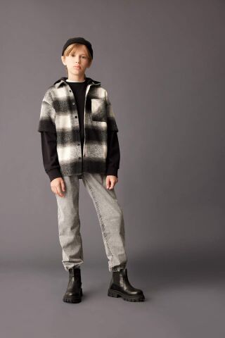 Erkek Çocuk Oversize Geniş Kalıp Kapüşonlu Flanel Uzun Kollu Gömlek