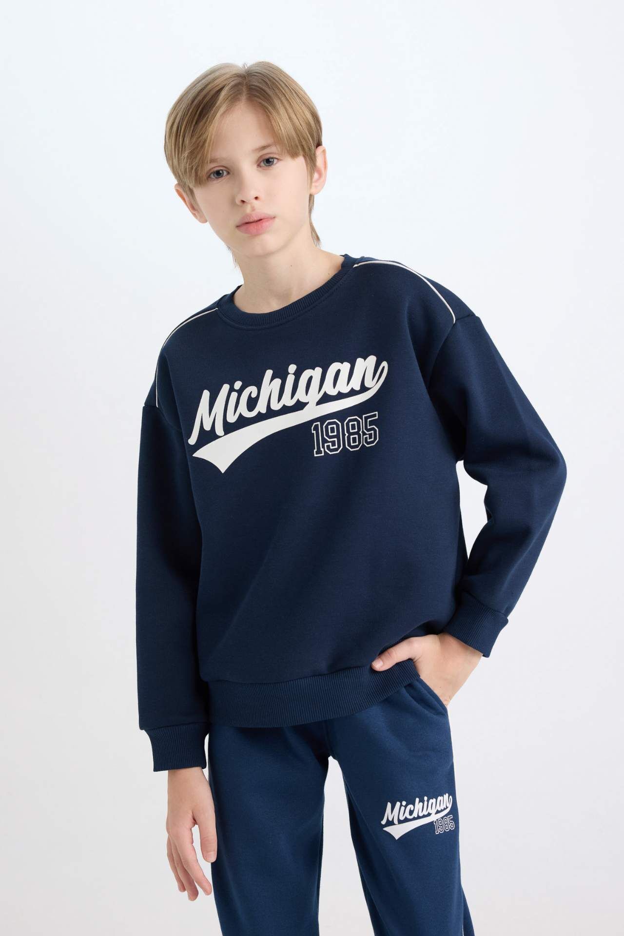Erkek Çocuk Lacivert Oversize Geniş Kalıp Bisiklet Yaka Baskılı Kalın Sweatshirt