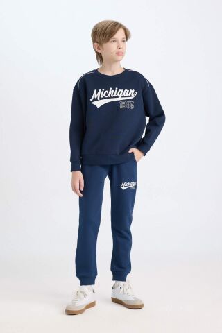 Erkek Çocuk Lacivert Oversize Geniş Kalıp Bisiklet Yaka Baskılı Kalın Sweatshirt
