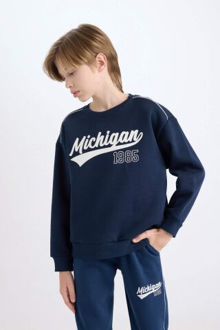 Erkek Çocuk Lacivert Oversize Geniş Kalıp Bisiklet Yaka Baskılı Kalın Sweatshirt