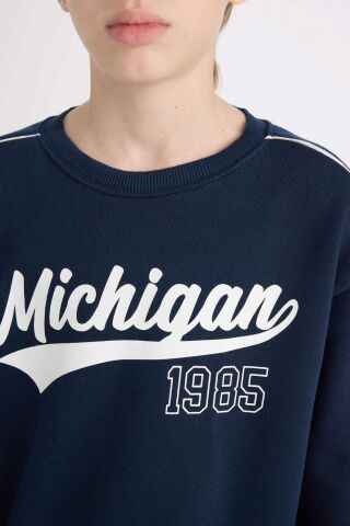 Erkek Çocuk Lacivert Oversize Geniş Kalıp Bisiklet Yaka Baskılı Kalın Sweatshirt