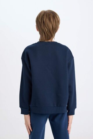Erkek Çocuk Lacivert Oversize Geniş Kalıp Bisiklet Yaka Baskılı Kalın Sweatshirt