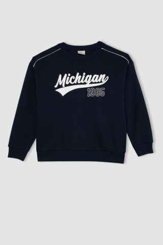 Erkek Çocuk Lacivert Oversize Geniş Kalıp Bisiklet Yaka Baskılı Kalın Sweatshirt