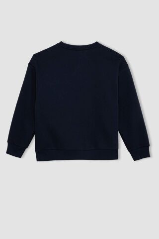 Erkek Çocuk Lacivert Oversize Geniş Kalıp Bisiklet Yaka Baskılı Kalın Sweatshirt