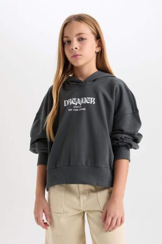 Kız Çocuk Oversize Kapüşonlu Baskılı Kalın Sweatshirt
