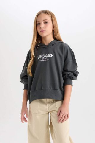 Kız Çocuk Oversize Kapüşonlu Baskılı Kalın Sweatshirt