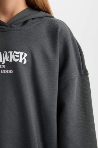 Kız Çocuk Oversize Kapüşonlu Baskılı Kalın Sweatshirt