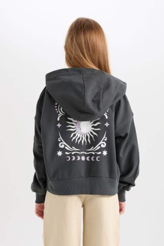 Kız Çocuk Oversize Kapüşonlu Baskılı Kalın Sweatshirt