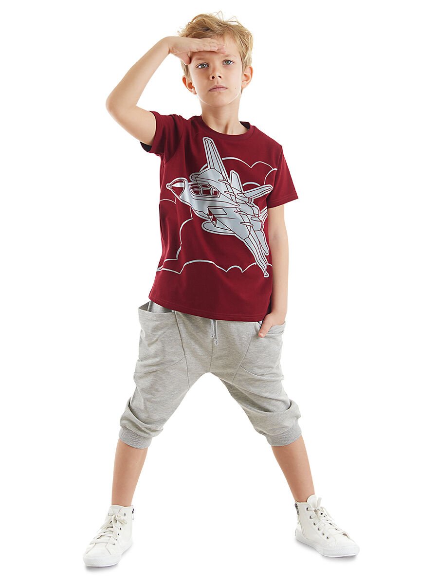 Uçak Erkek Çocuk T-shirt Kapri Şort Takım 4 Y - Bordo, Gri