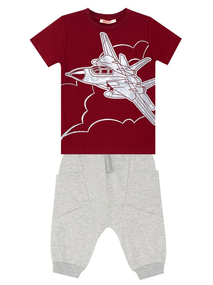 Uçak Erkek Çocuk T-shirt Kapri Şort Takım 7 Y - Bordo, Gri