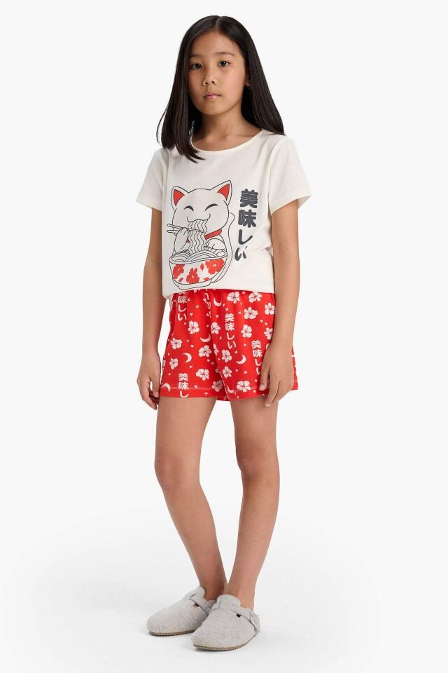 Kız Çocuk Pijama Takımı Baskılı Kısa Kollu Üst Desenli Şort