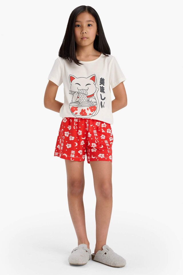 Kız Çocuk Pijama Takımı Baskılı Kısa Kollu Üst Desenli Şort