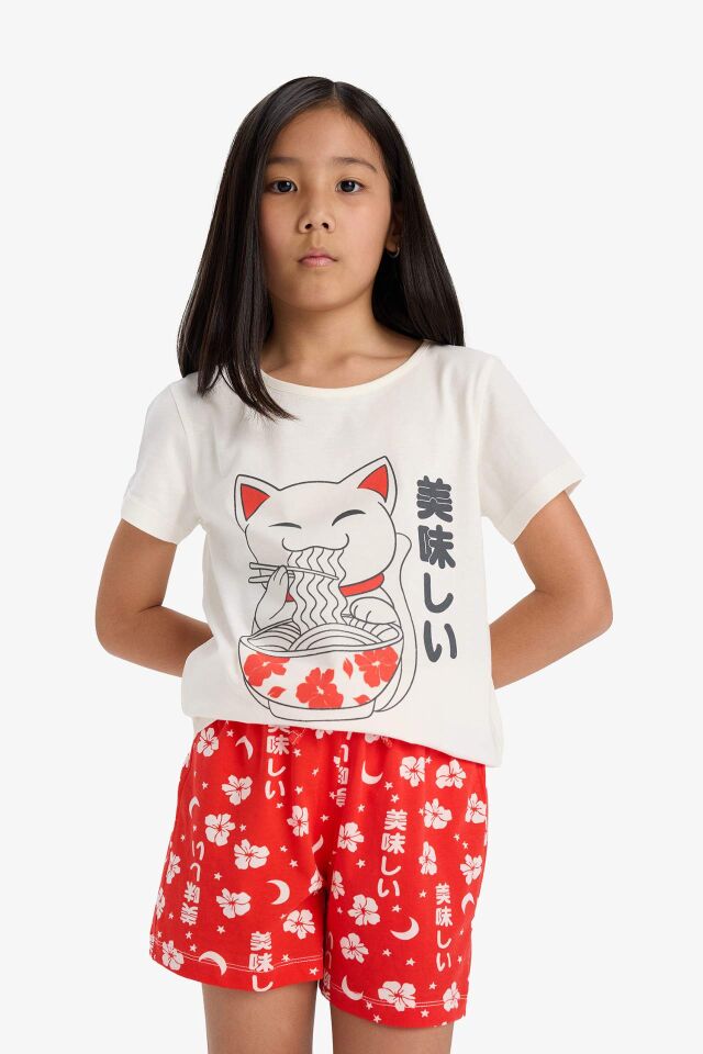Kız Çocuk Pijama Takımı Baskılı Kısa Kollu Üst Desenli Şort