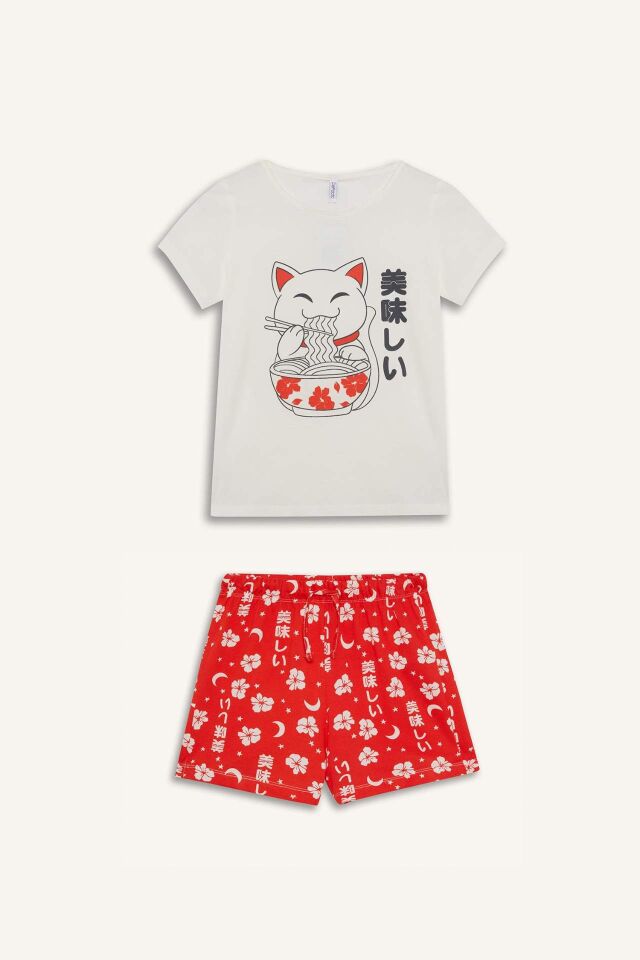 Kız Çocuk Pijama Takımı Baskılı Kısa Kollu Üst Desenli Şort