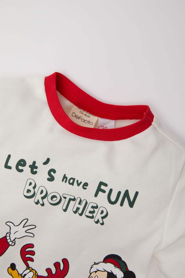 Erkek Bebek Disney Mickey & Minnie Yılbaşı Temalı Pijama Takımı Bisiklet Yaka Uzun Kollu Üst Beli Lastikli Uzun Alt