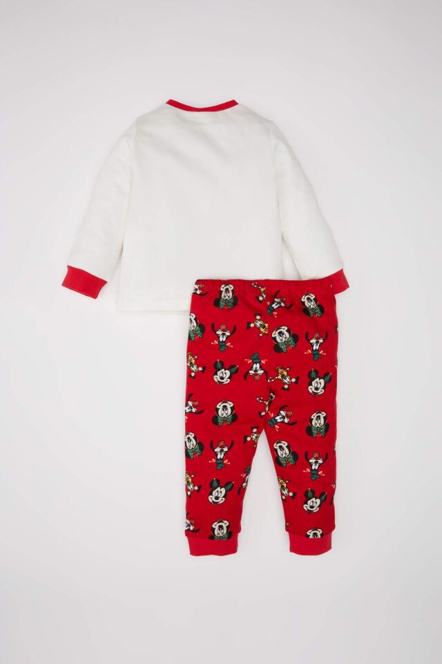 Erkek Bebek Disney Mickey & Minnie Yılbaşı Temalı Pijama Takımı Bisiklet Yaka Uzun Kollu Üst Beli Lastikli Uzun Alt