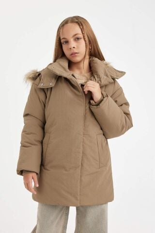 Kız Çocuk Çıkarılabilir Suni Kürk Yaka Kapüşonlu Parka