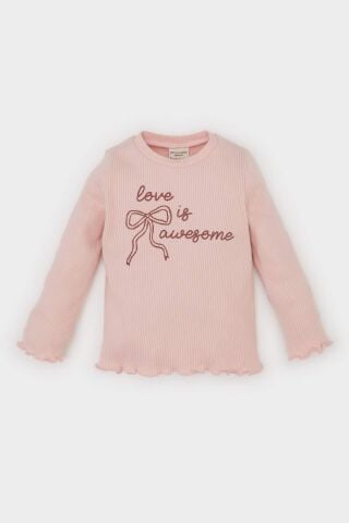Kız Bebek Bisiklet Yaka Baskılı Fitilli Kaşkorse Uzun Kollu Tişört