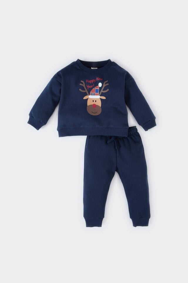 Erkek Bebek Yılbaşı Temalı 2'li Takım Bisiklet Yaka Sweatshirt Beli Lastikli Eşofman Altı