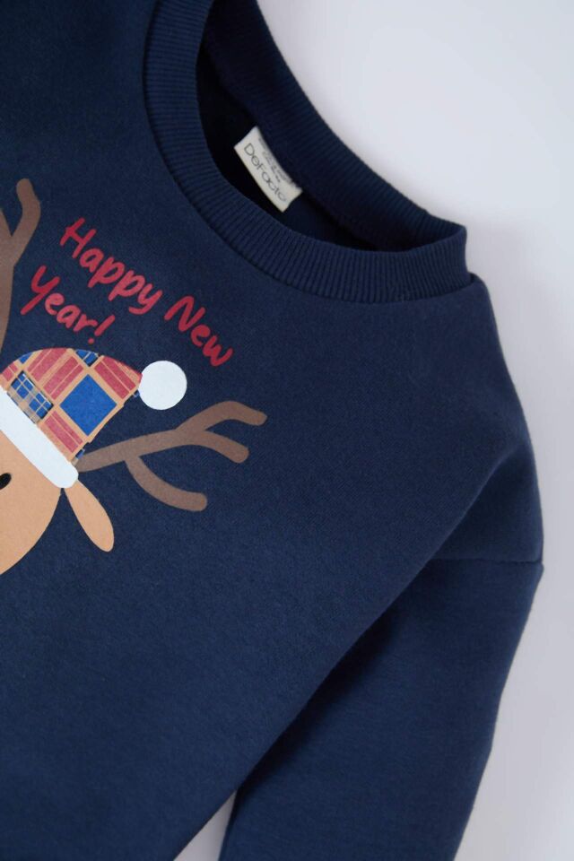 Erkek Bebek Yılbaşı Temalı 2'li Takım Bisiklet Yaka Sweatshirt Beli Lastikli Eşofman Altı