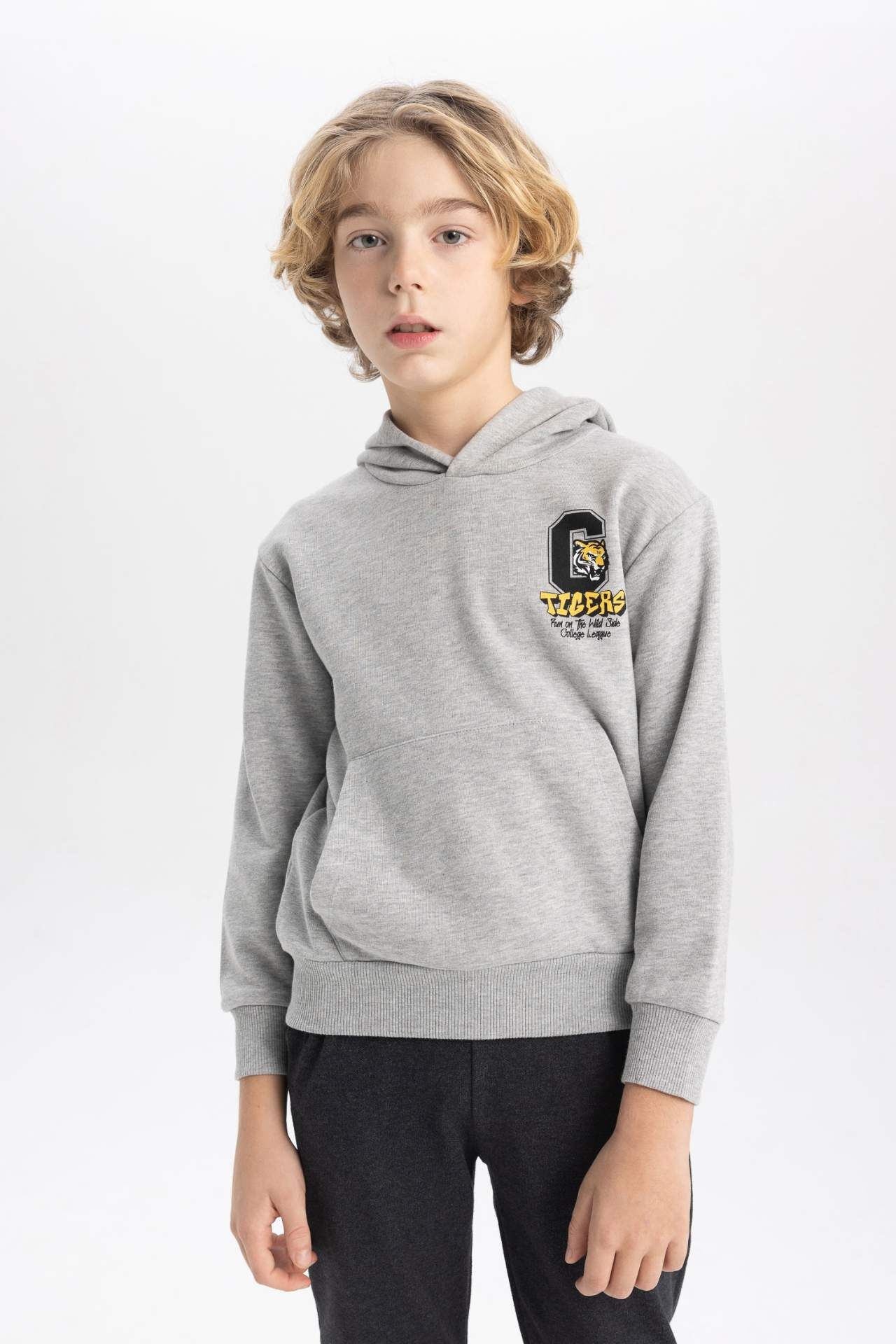 Erkek Çocuk Baskılı Kapüşonlu Kalın Sweatshirt