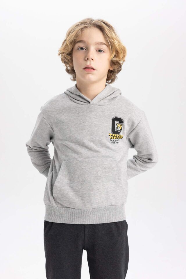 Erkek Çocuk Baskılı Kapüşonlu Kalın Sweatshirt