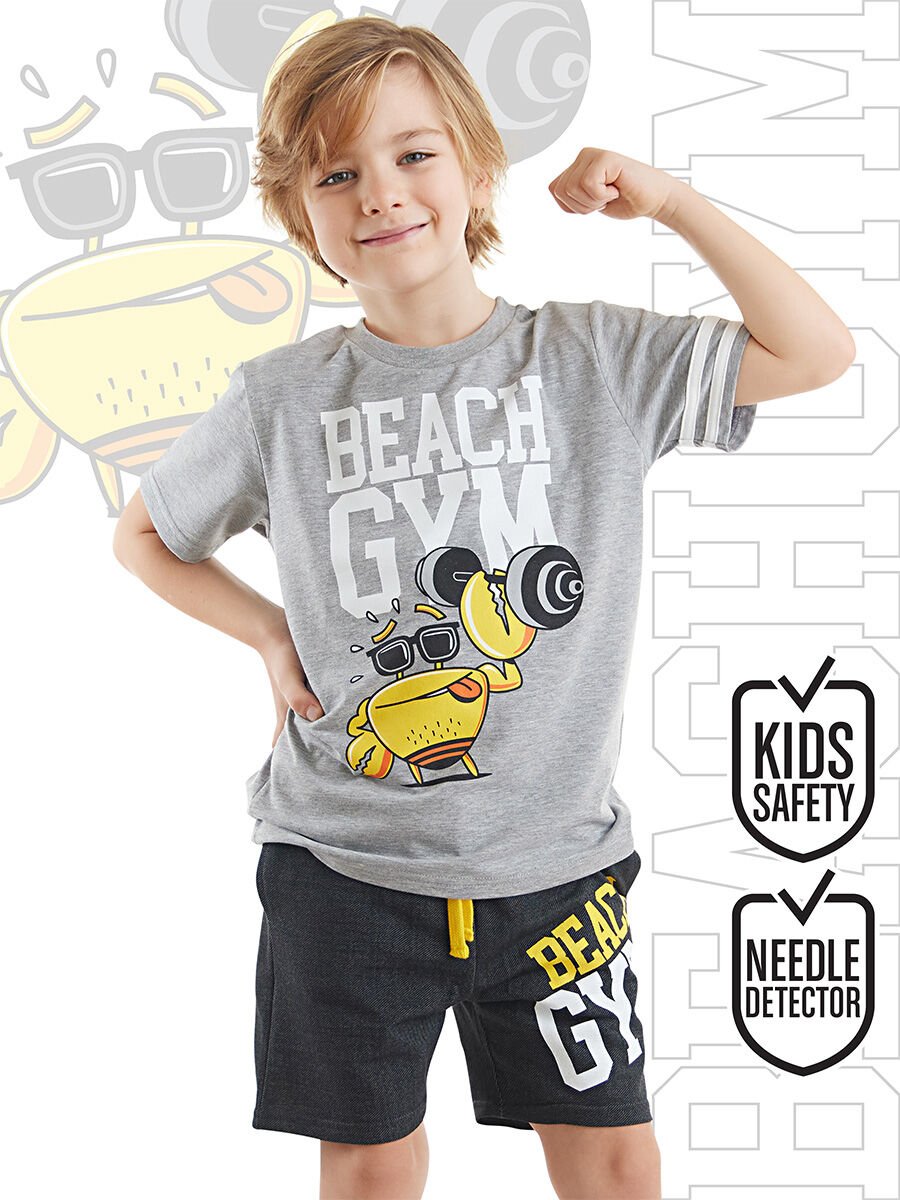 Beach Gym Erkek Çocuk T-shirt Şort Takım 7 Y - Gri, Siyah