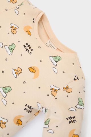 Erkek Bebek Pijama Takımı Dinazor Desenli Uzun Kollu Üst Beli Lastikli Uzun Alt