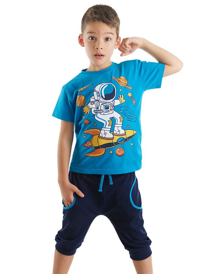 Astronot Erkek Çocuk T-shirt Kapri Şort Takım 6 Y - Mavi