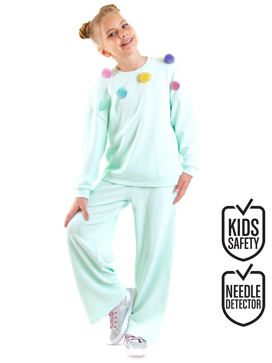 Kız Çocuk Ponponlu Mint Eşofman Takımı