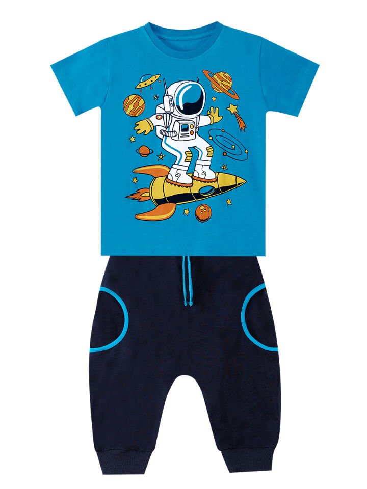 Astronot Erkek Çocuk T-shirt Kapri Şort Takım 7 Y - Mavi