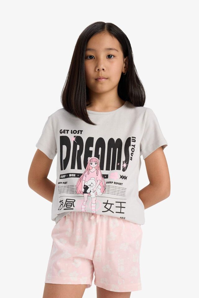 Kız Çocuk Pijama Takımı Baskılı Kısa Kollu Üst Desenli Şort
