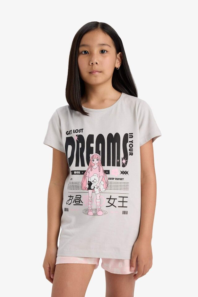 Kız Çocuk Pijama Takımı Baskılı Kısa Kollu Üst Desenli Şort