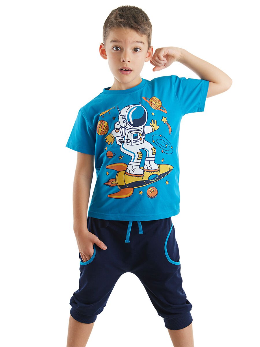 Astronot Erkek Çocuk T-shirt Kapri Şort Takım 8 Y - Mavi