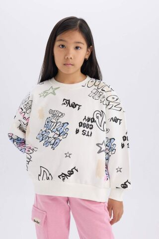 Kız Çocuk Oversize Geniş Kalıp Bisiklet Yaka 3D Baskılı Sweatshirt