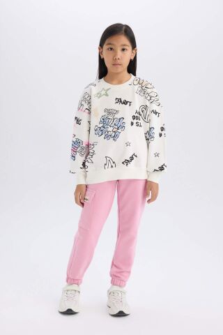 Kız Çocuk Oversize Geniş Kalıp Bisiklet Yaka 3D Baskılı Sweatshirt