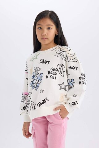 Kız Çocuk Oversize Geniş Kalıp Bisiklet Yaka 3D Baskılı Sweatshirt