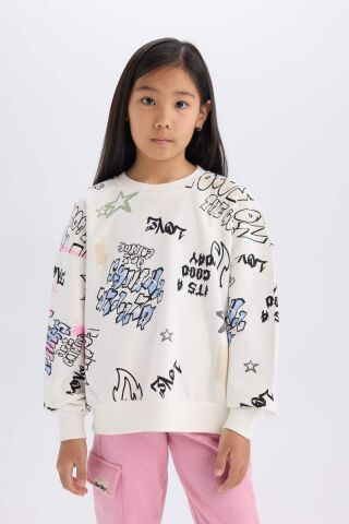 Kız Çocuk Oversize Geniş Kalıp Bisiklet Yaka 3D Baskılı Sweatshirt